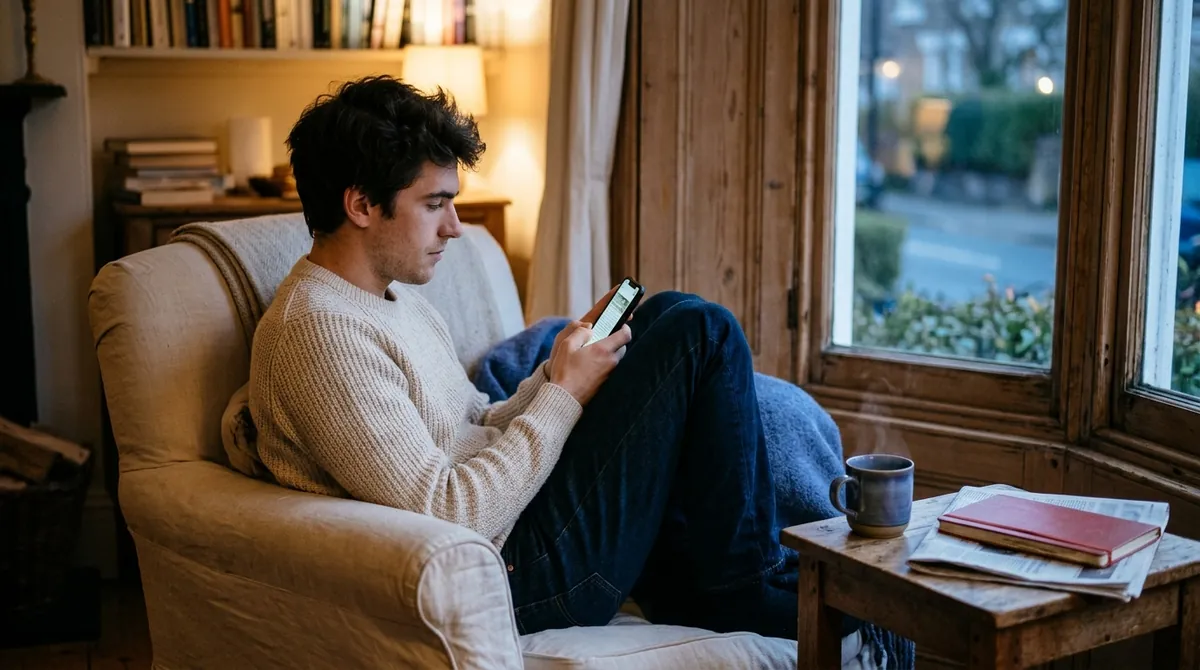 A man in an armchair by a window in the evening, reading an article on his phone, with a cup of tea and a newspaper on the side table