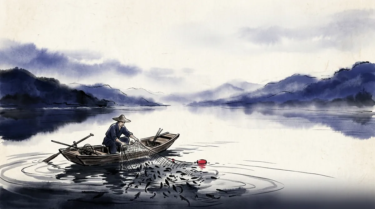 Ink-wash painting of a fisherman in a small boat pulling in a net of fish at dawn