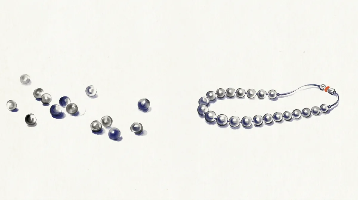 Ink-wash painting of loose pearls beside the same pearls strung into a necklace