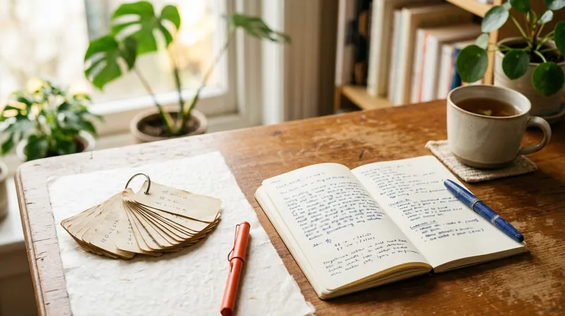 A ring of paper word flashcards beside an open notebook of handwritten sentences, a pen and a cup of tea
