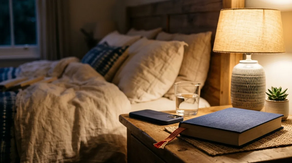 A bedside table at night with a warm lamp, a book, a glass of water and a phone