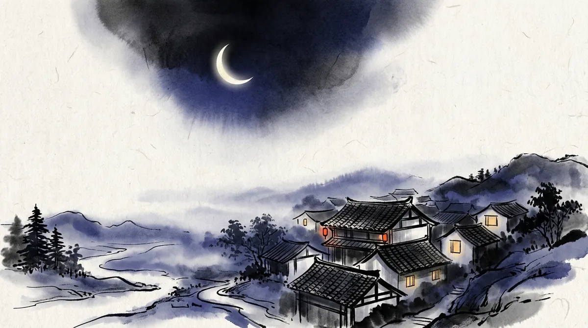 Ink-wash painting of a crescent moon over a quiet village at night, a few windows glowing