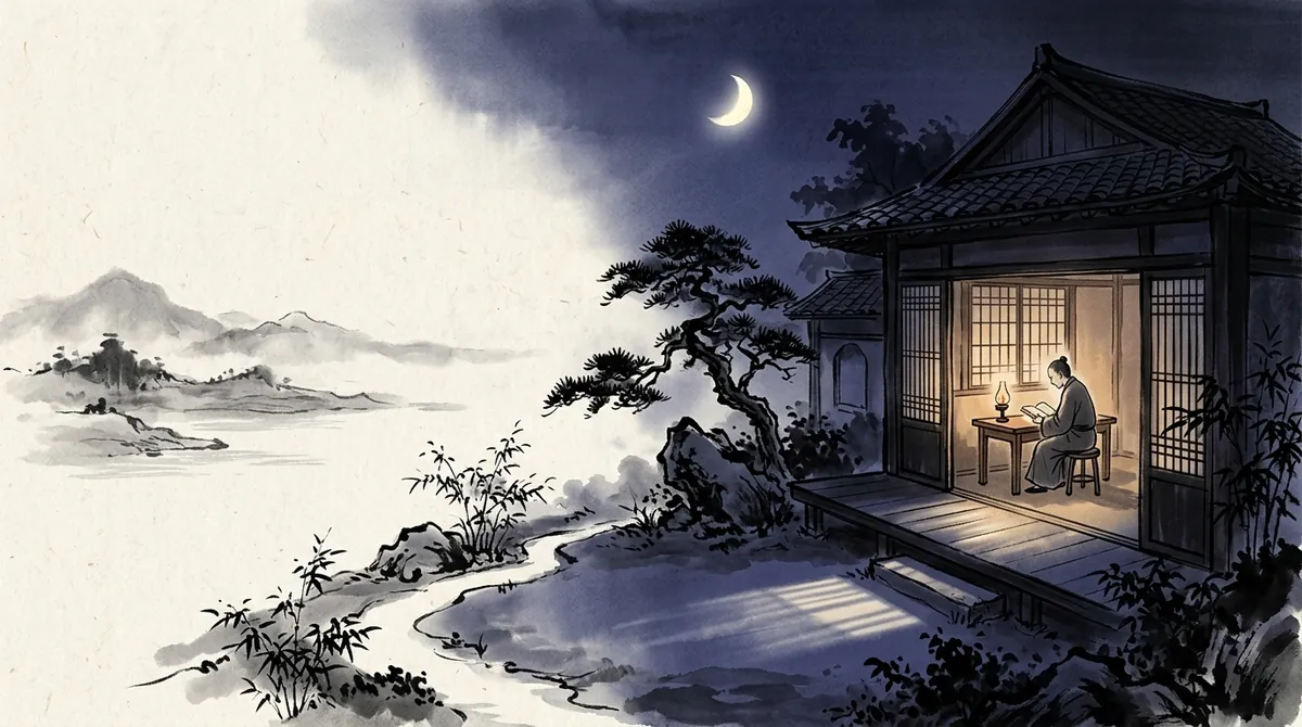 Ink-wash painting of a figure reading by lamplight in a cottage at night
