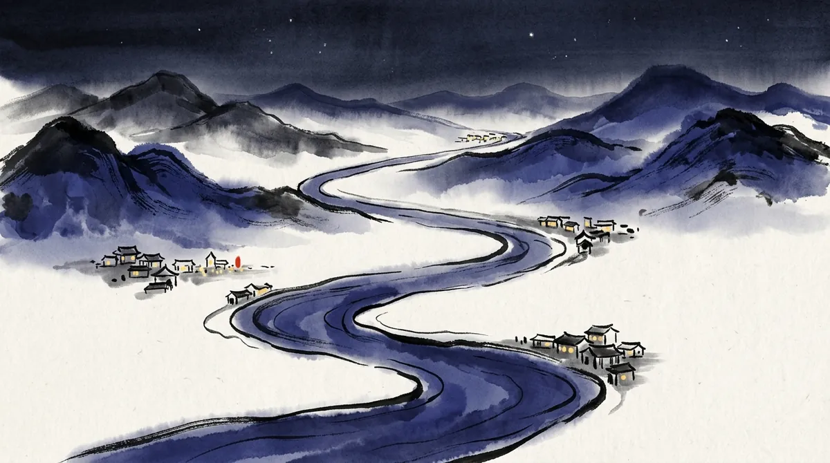 Ink-wash painting of a river winding through mountains at night past distant towns