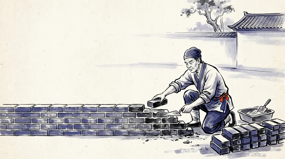Ink-wash painting of a craftsman laying bricks in a neat repeating pattern