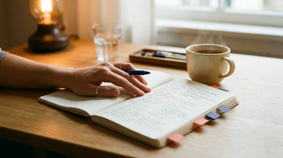 An open workbook with handwritten notes, coloured sticky tabs and a pen on a desk with a cup of tea