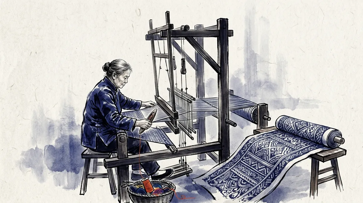 Ink-wash painting of a weaver at a wooden loom beside a finished length of patterned cloth