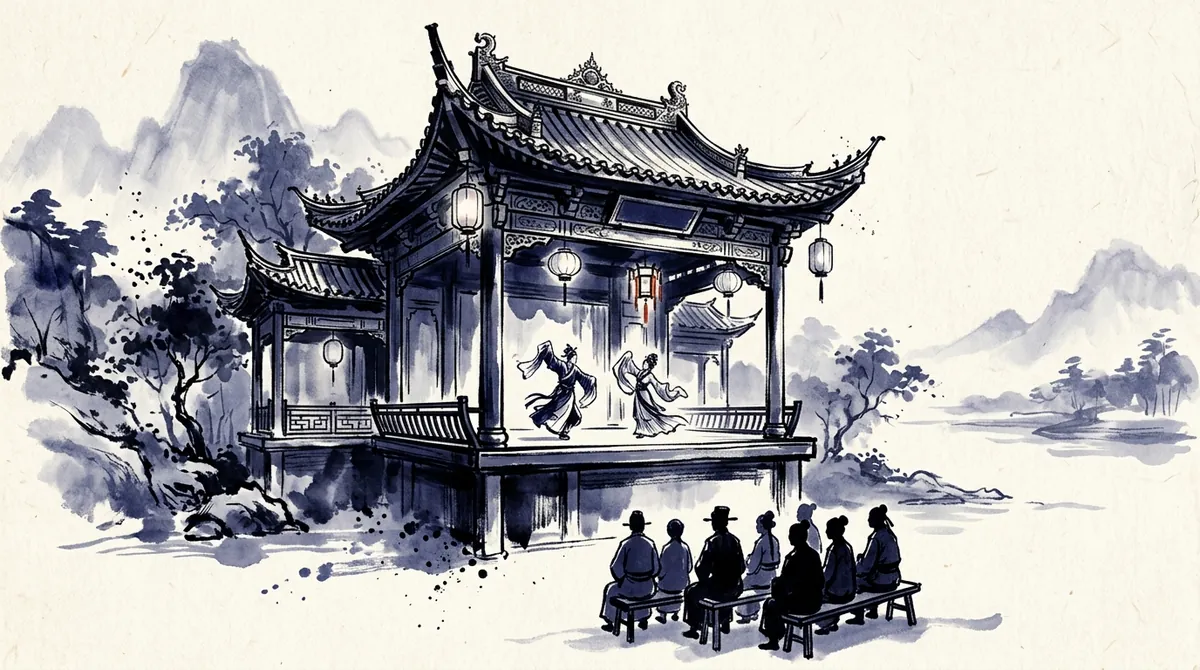 Ink-wash illustration of performers on a traditional Chinese opera stage watched by a small audience