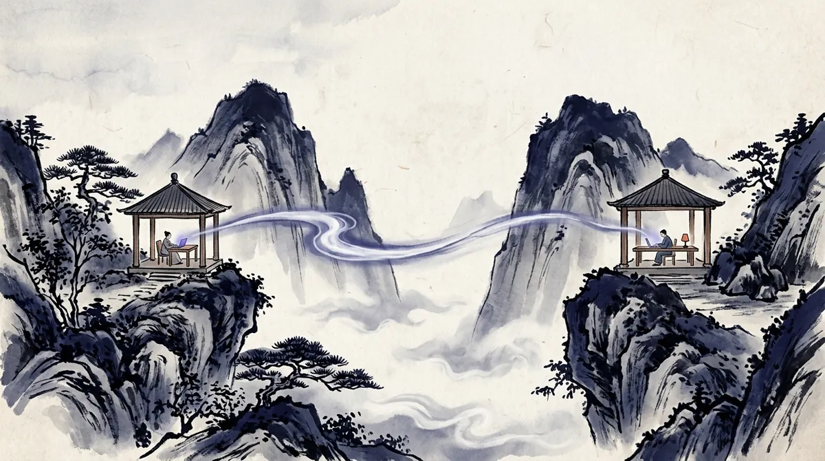 Ink-wash painting of two people in pavilions on distant peaks, connected by a ribbon of mist