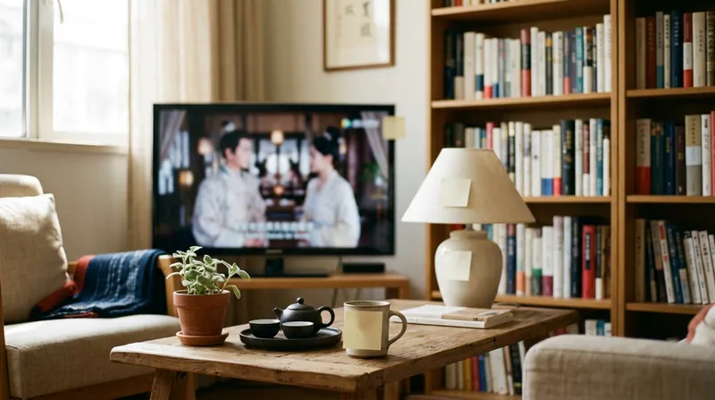 A living room set up for Chinese immersion, with a Chinese drama on the TV, sticky notes on objects and a tea set