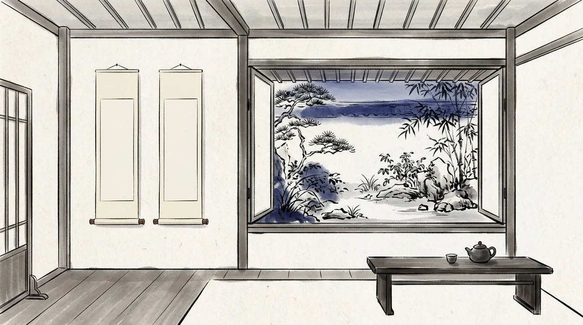 Ink-wash illustration of a calm traditional study room with blank hanging scrolls and a window onto a garden