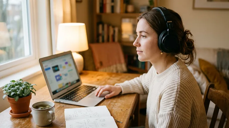 A learner wearing headphones sits at a wooden desk by a window, listening thoughtfully with a laptop, an open notebook and a cup of green tea in front of her