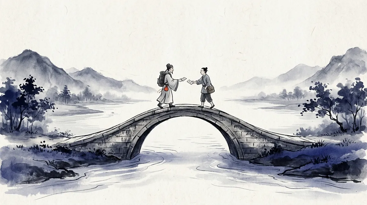 Ink-wash painting of two travellers meeting in the middle of an arched stone bridge and handing each other folded letters