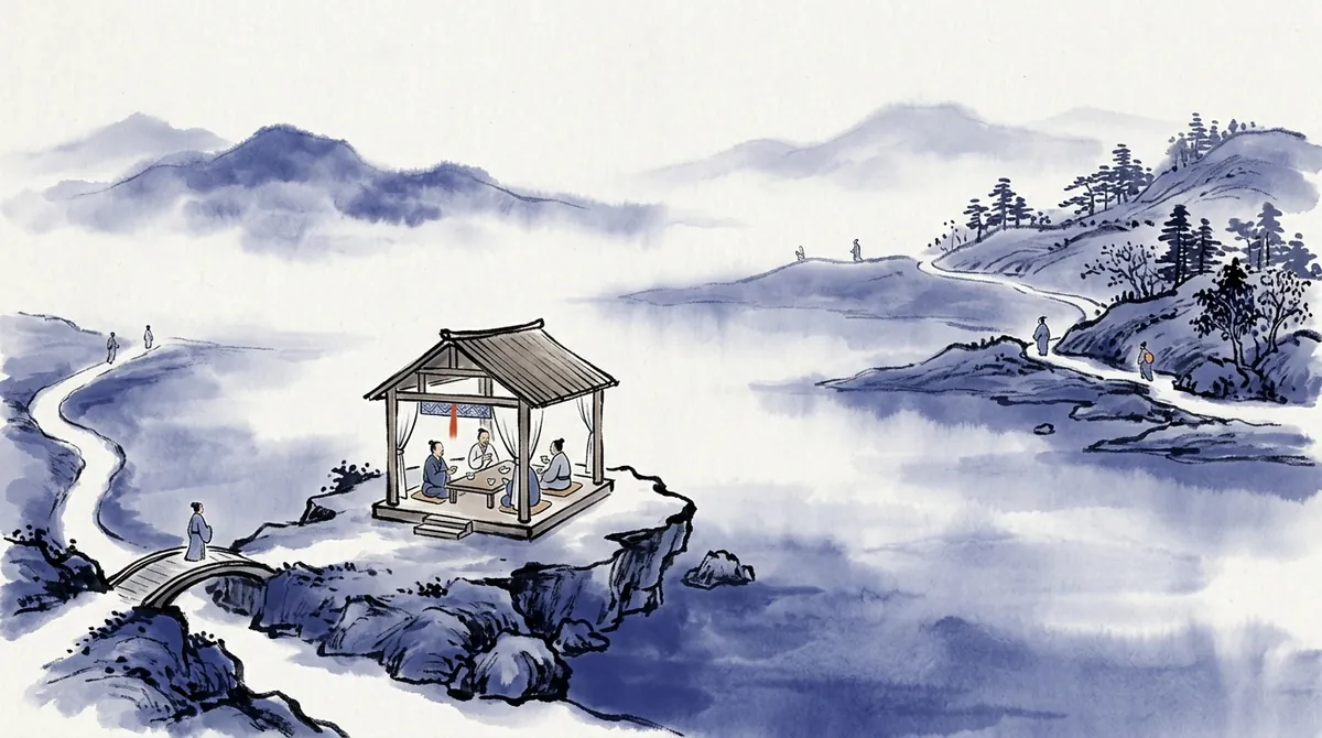 Ink-wash painting of travellers walking along winding paths towards a lakeside pavilion where a small group sits around a table drinking tea