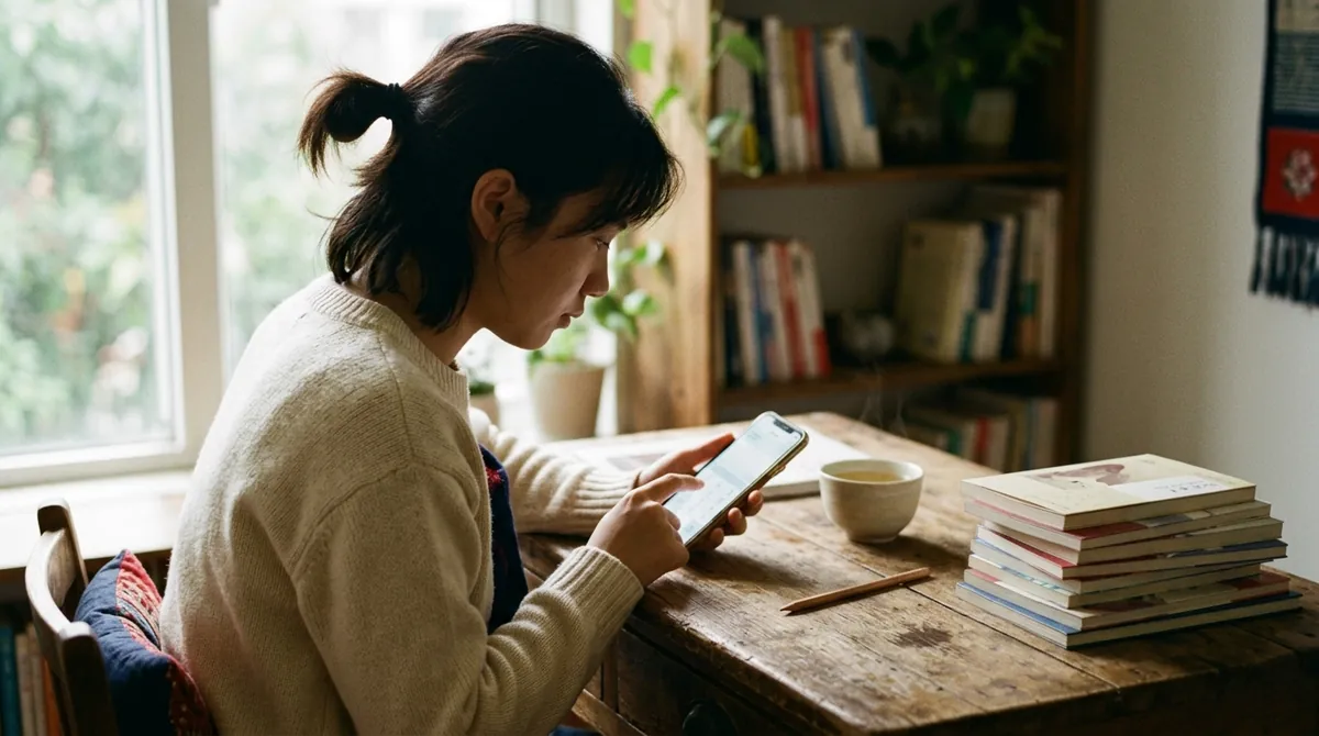 A learner at a wooden desk by a window, answering a quiz on a phone, with a stack of graded readers and a cup of tea on the desk