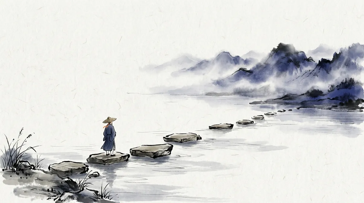 Ink-wash painting of a traveller in a straw hat on a line of stepping stones crossing a wide river towards misty mountains