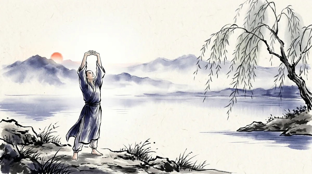 Ink-wash painting of a figure by a lake at dawn, both hands pushed up towards the sky in the first Baduanjin movement