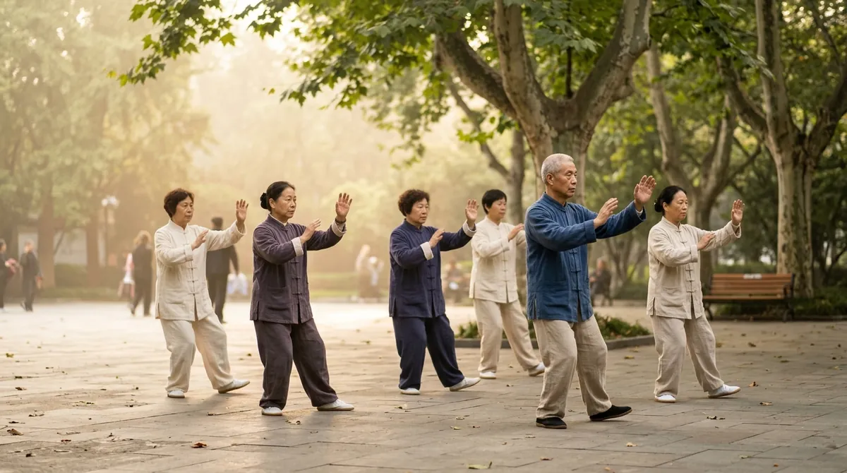 A group of older people practising tai chi together on a paved square in a misty park in the early morning