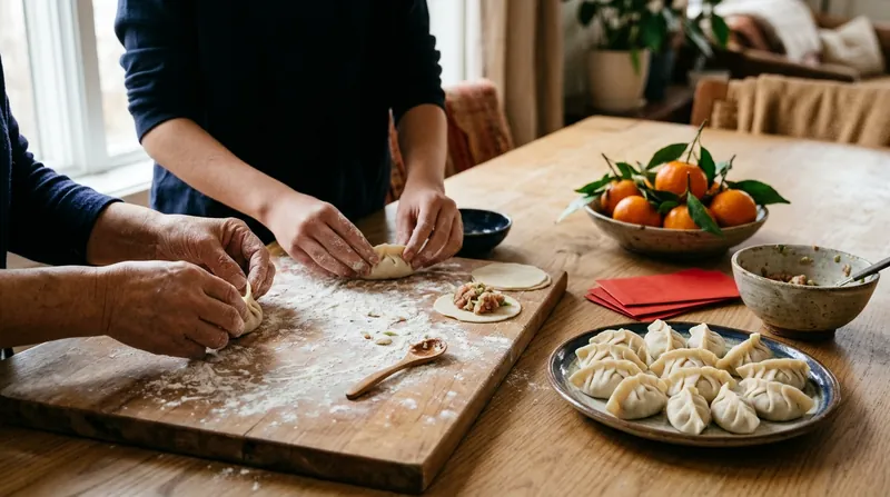 Two people folding dumplings on a floured wooden board, with a plate of finished dumplings, red envelopes and a bowl of mandarin oranges on the table