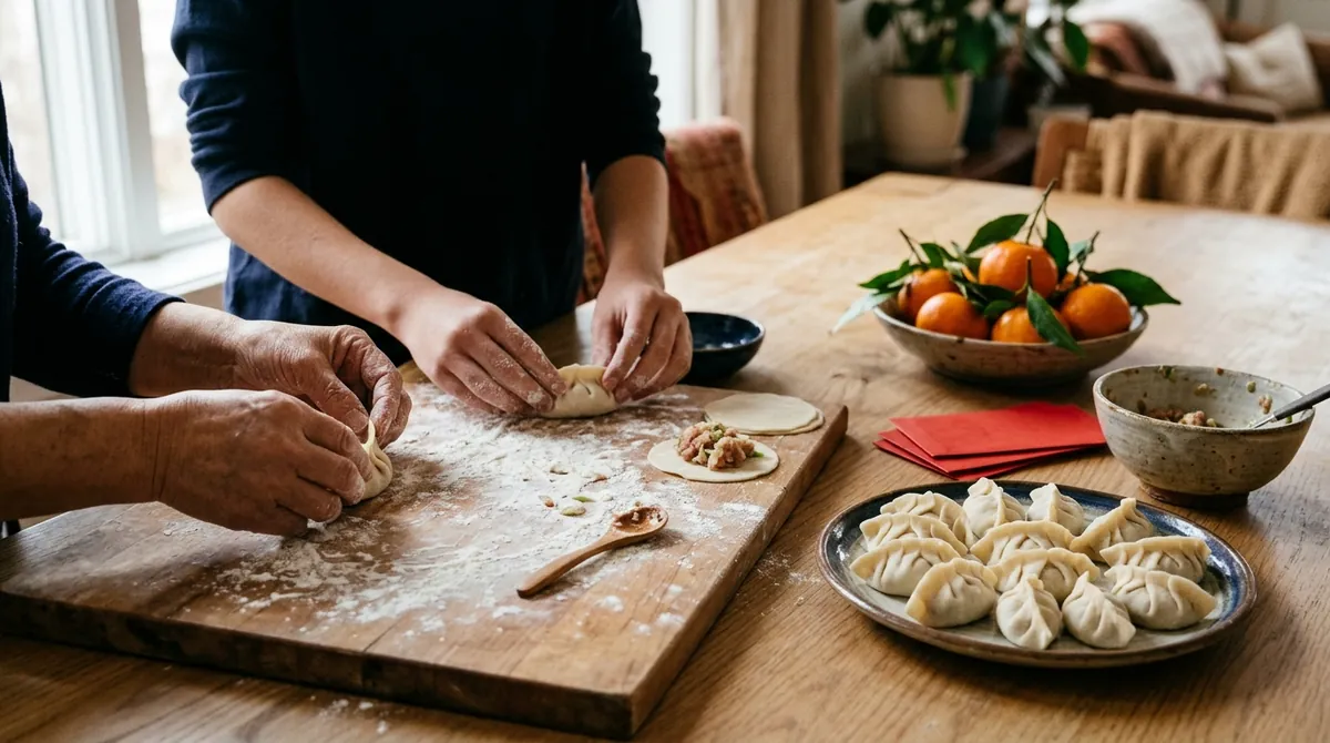 Two people folding dumplings on a floured wooden board, with a plate of finished dumplings, red envelopes and a bowl of mandarin oranges on the table