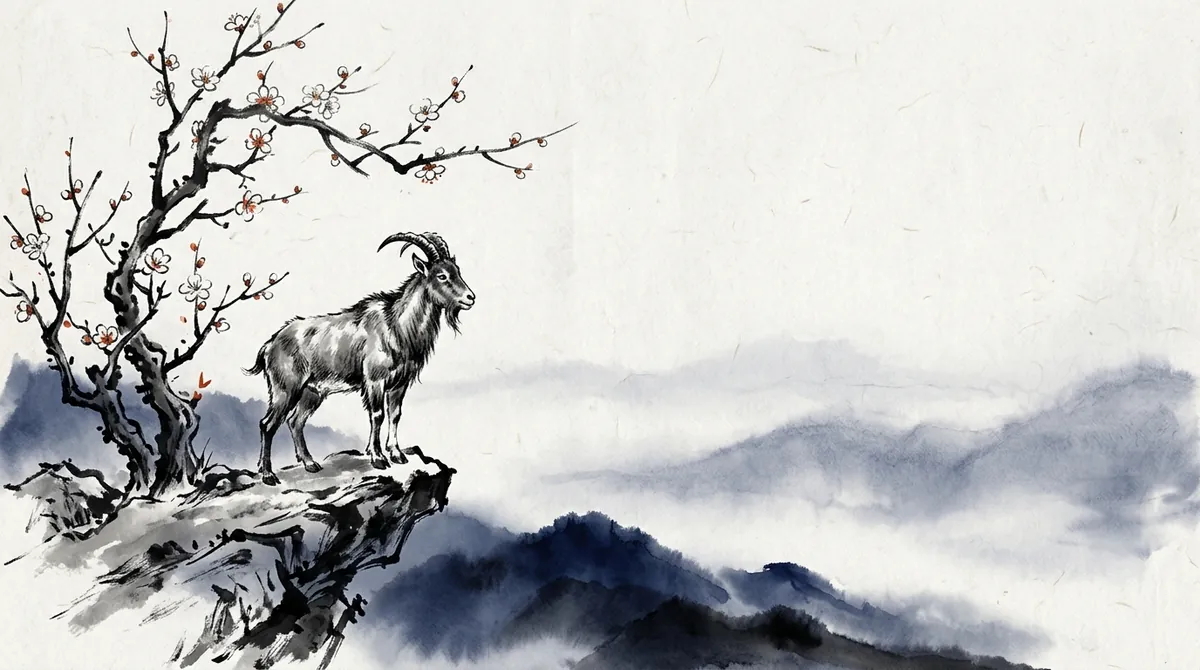 Ink-wash painting of a goat standing on a rocky ledge beneath a blossoming plum tree, with misty mountains beyond
