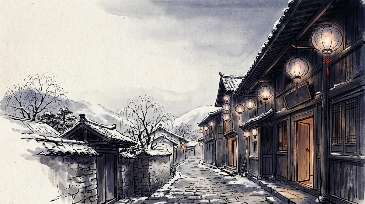 Ink-wash painting of a snowy village lane at dusk, with round paper lanterns glowing under the eaves