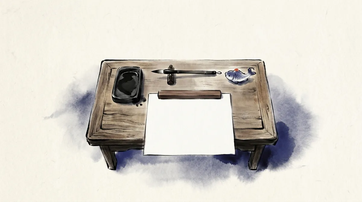 Ink-wash painting of a scholar's desk with an inkstone, a brush on its rest, a fish-shaped water dropper and a blank sheet of paper