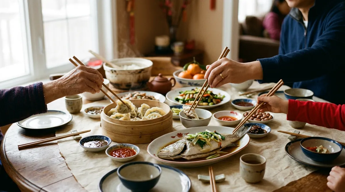 Three generations' hands reaching with chopsticks across a round family dinner table set with dumplings, a steamed fish and mandarin oranges