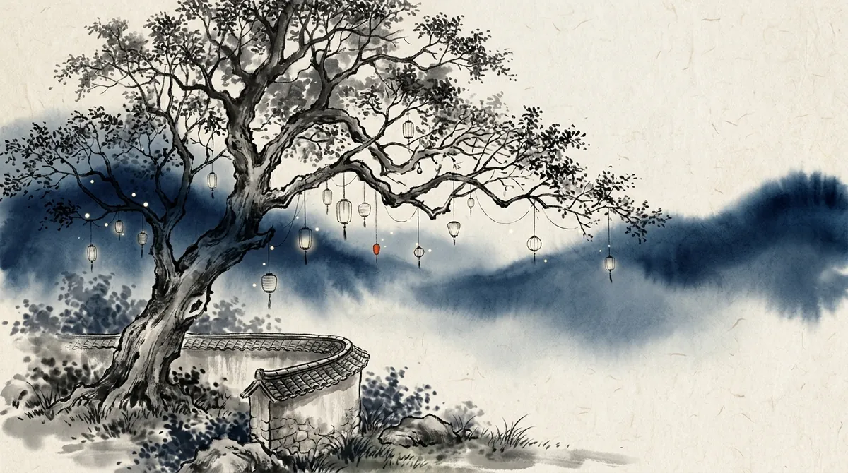 Ink-wash painting of an old tree with spreading branches hung with paper lanterns beside a curved courtyard wall