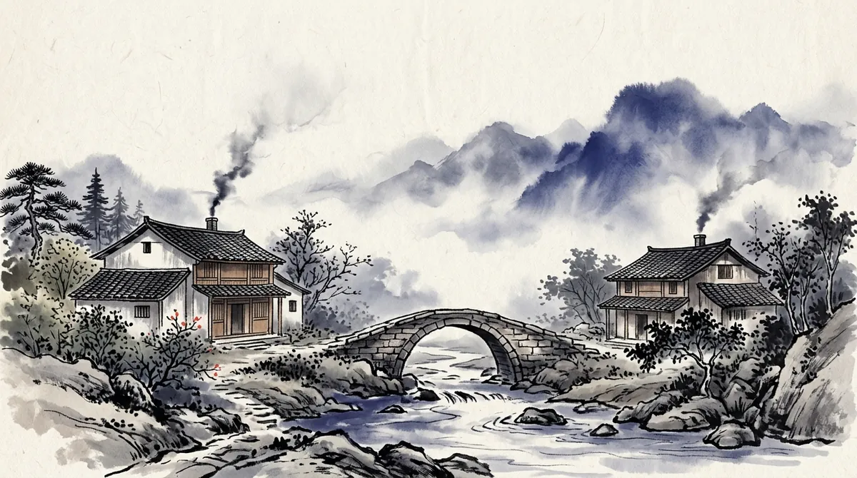 Ink-wash painting of two village houses on either side of a stream, joined by an arched stone bridge