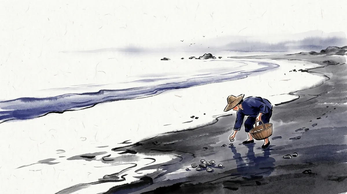 Ink-wash painting of a figure collecting shells into a basket on a beach at low tide