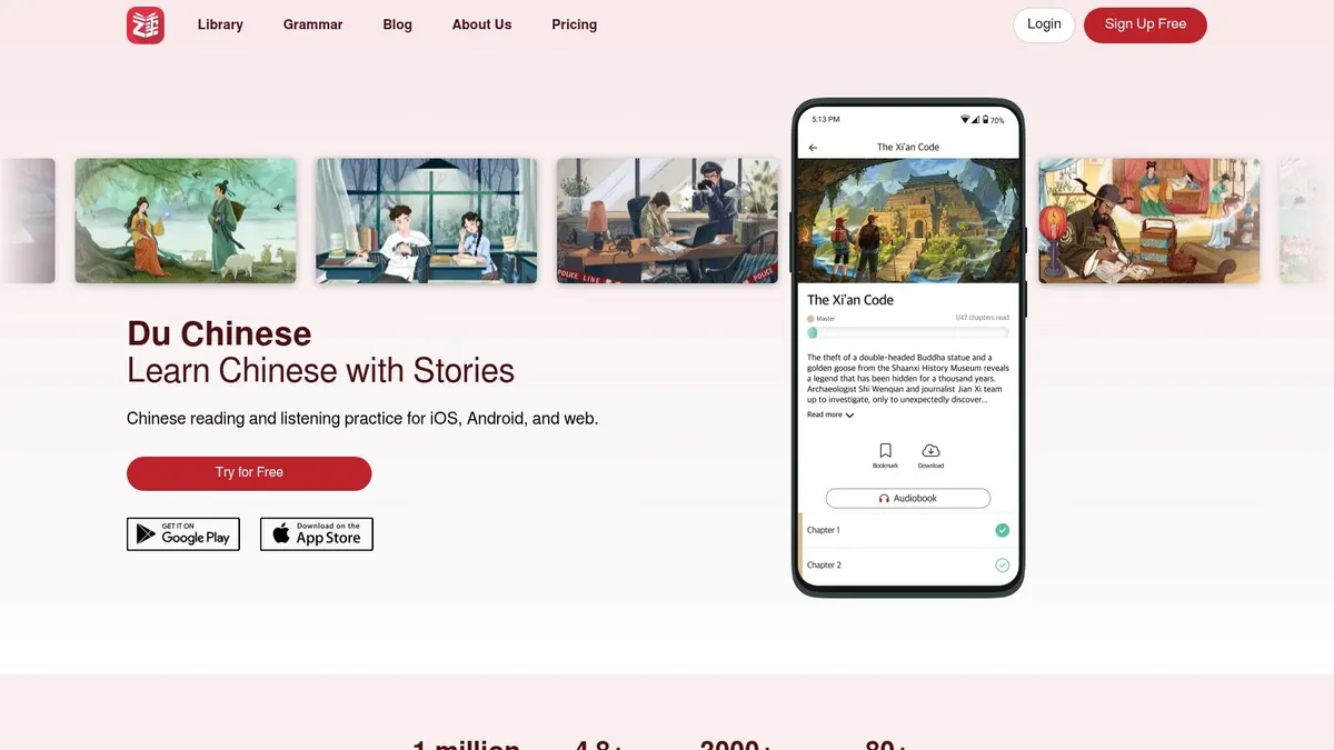 Du Chinese homepage: learn Chinese with stories, with a graded story on a phone