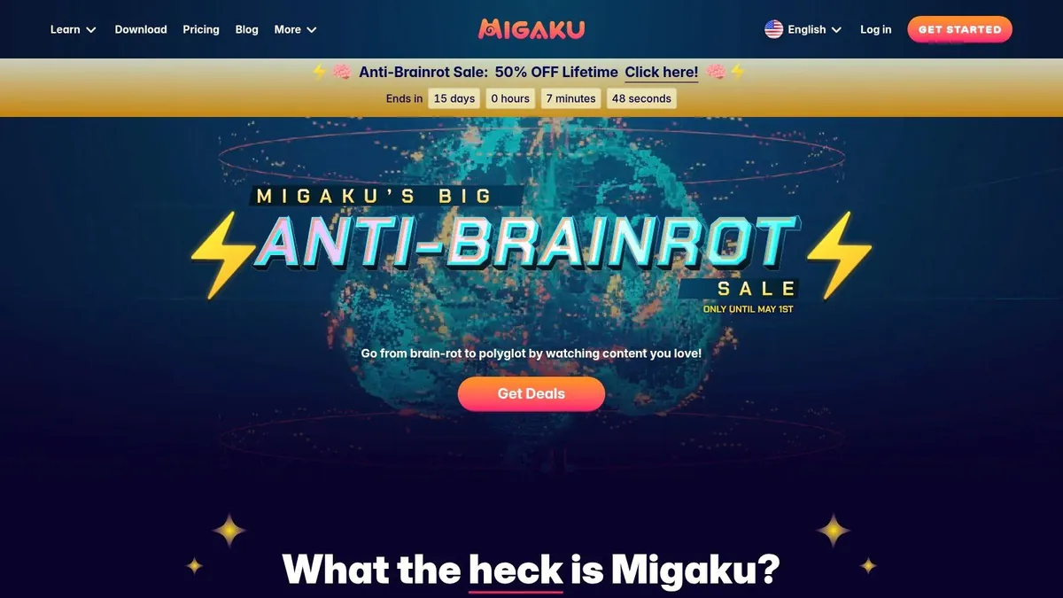 Migaku homepage with a sale banner, asking what Migaku is