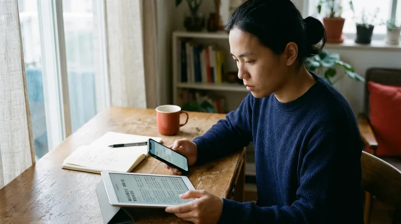 A learner reading a Chinese article on a tablet while holding a phone with a sentence flashcard