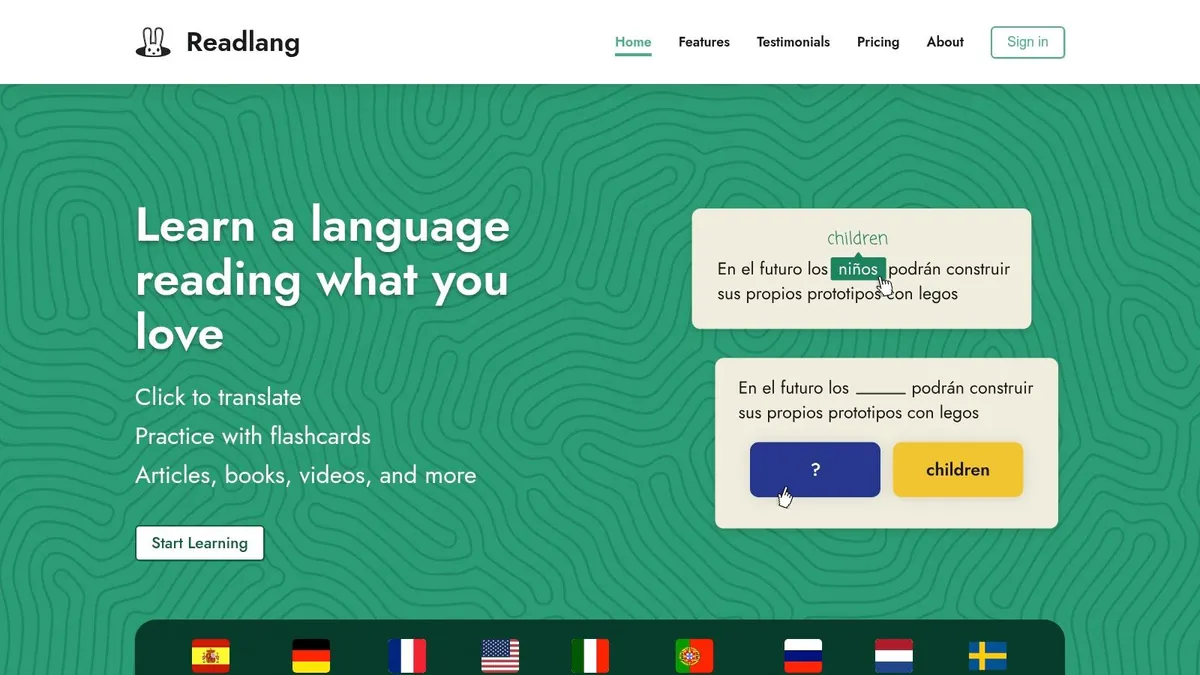 Readlang homepage: learn a language reading what you love, with click-to-translate