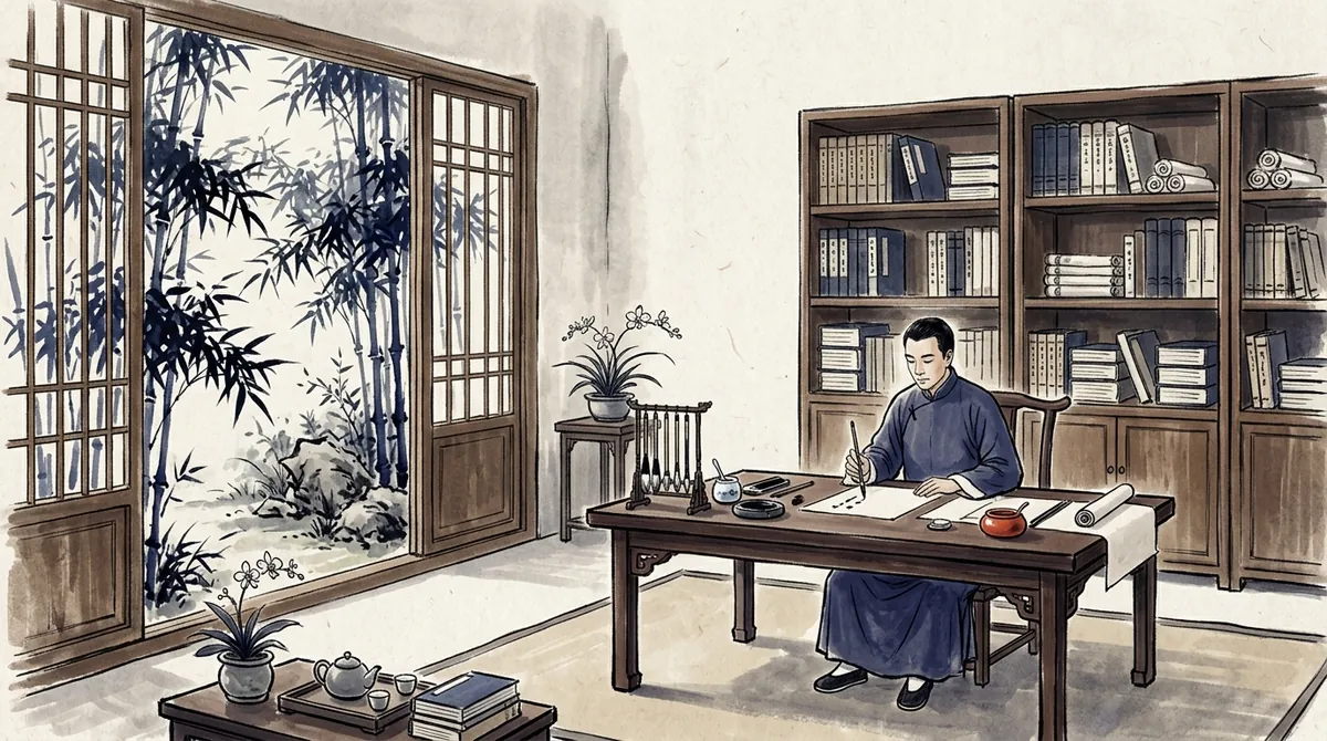 Ink-wash illustration of a scholar's study with tall bookcases and a writing desk by a bamboo window