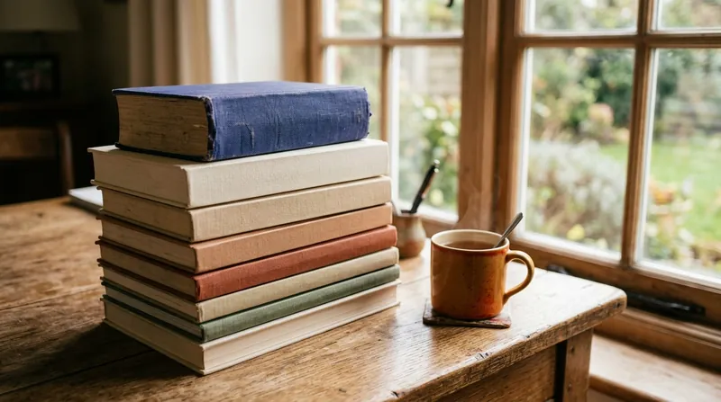 A stack of study books and graded readers beside a dictionary and a cup of tea on a wooden desk