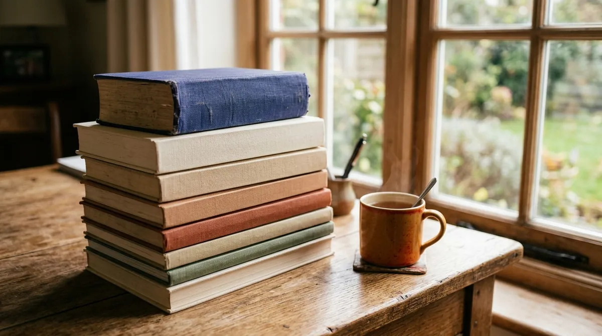 A stack of study books and graded readers beside a dictionary and a cup of tea on a wooden desk