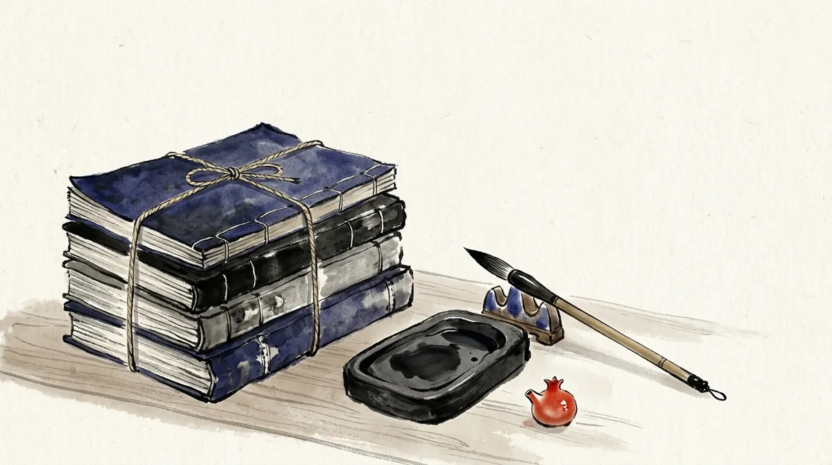 Ink-wash painting of a stack of thread-bound books tied with string beside an inkstone and brush