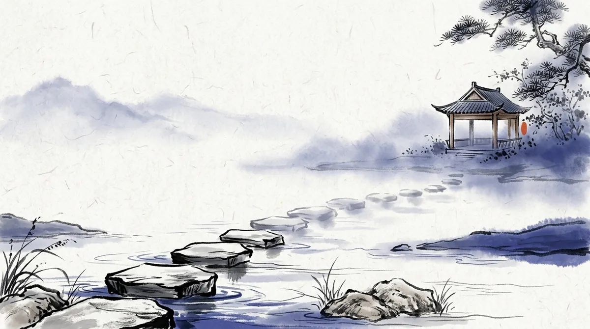 Ink-wash painting of flat stepping stones crossing a stream towards a small pavilion, the far stones fading into mist