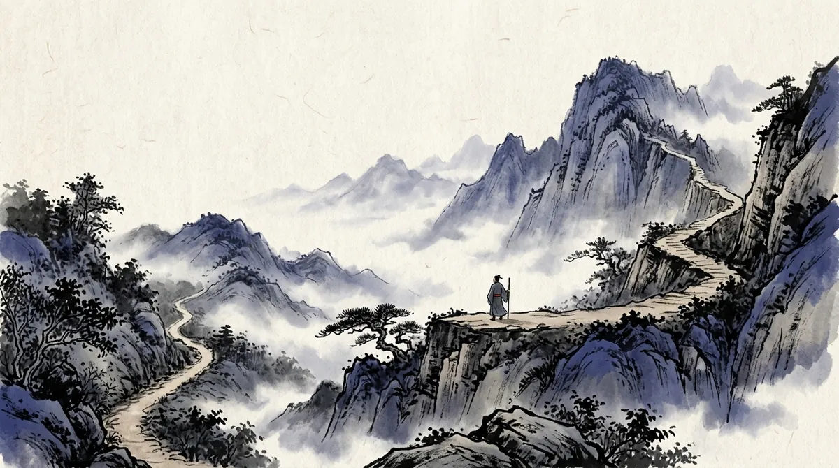 Ink-wash painting of a traveller with a staff pausing on a flat stretch of a mountain path that climbs steeply again towards a misty ridge