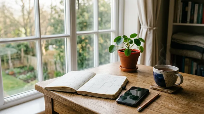 A wooden study desk by a window with an open week-planner notebook ruled into boxes, a smartphone, a pencil, a cup of tea and a potted plant