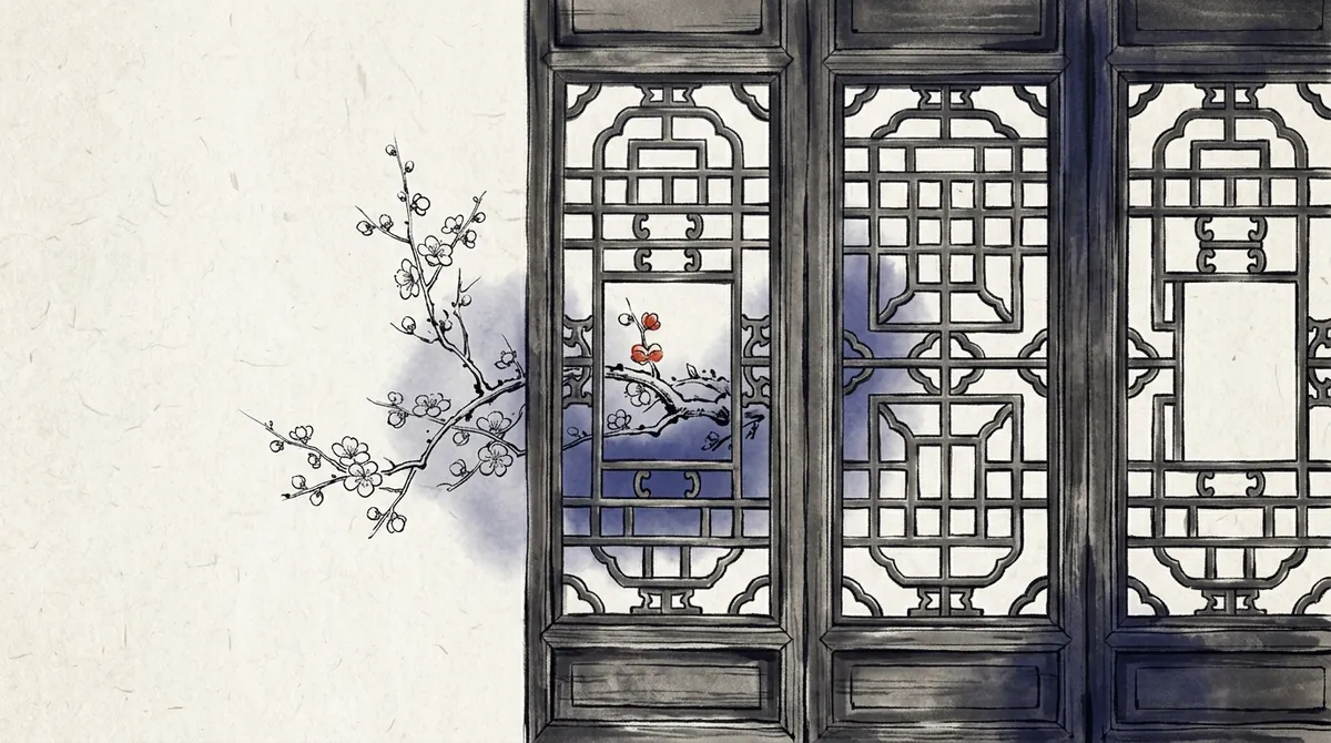 Ink-wash painting of a carved lattice window with one panel missing and a plum branch showing through