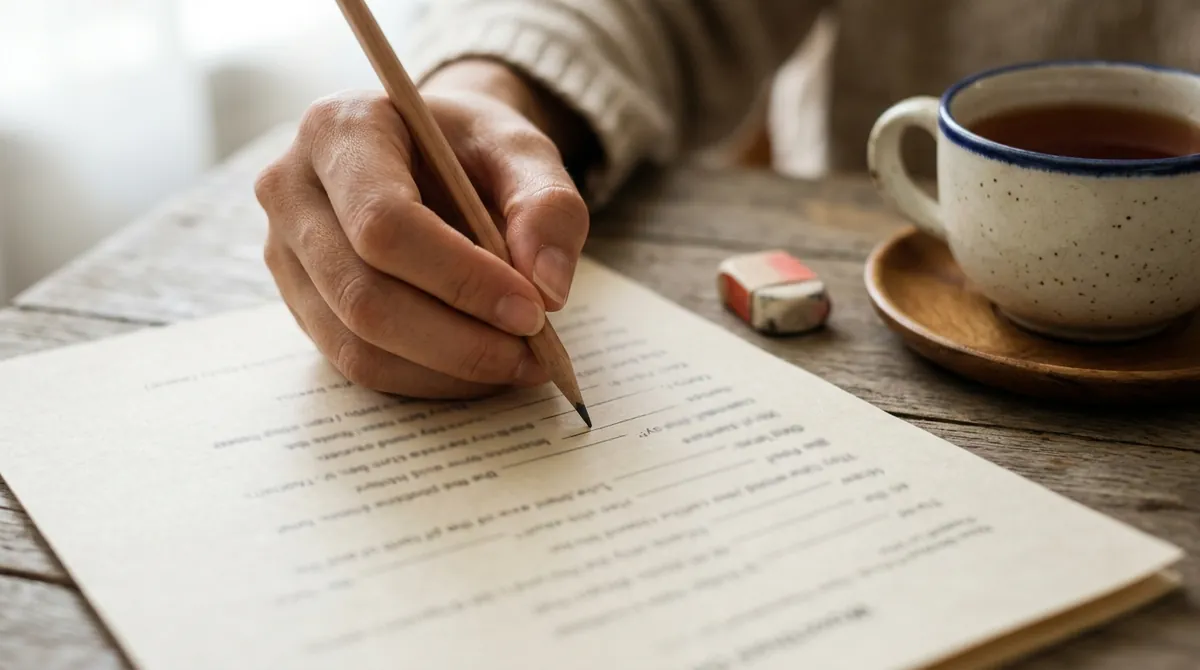 A pencil filling in a gap on a printed worksheet of sentences, beside an eraser and a cup of tea