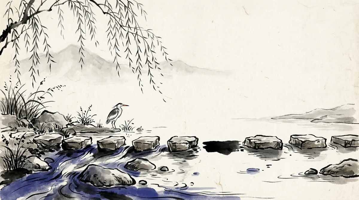 Ink-wash painting of stepping stones across a stream with one stone missing, a heron nearby