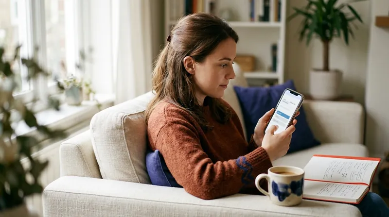 A learner on a sofa doing a fill-in-the-blank quiz on her phone, with a mug and notebook beside her