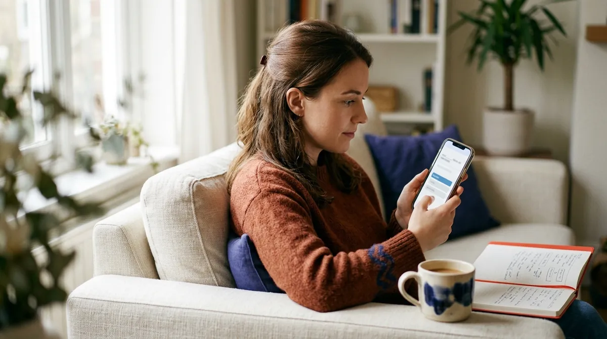 A learner on a sofa doing a fill-in-the-blank quiz on her phone, with a mug and notebook beside her