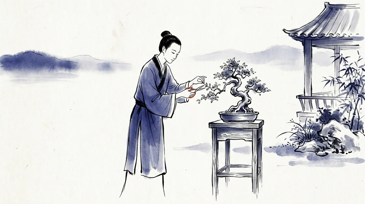 Ink-wash illustration of a gardener carefully trimming a bonsai tree