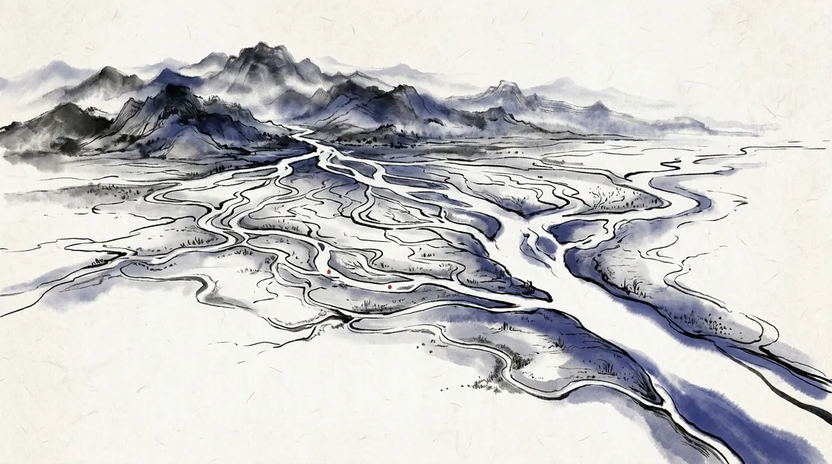 Ink-wash painting of a river splitting into many channels across a delta
