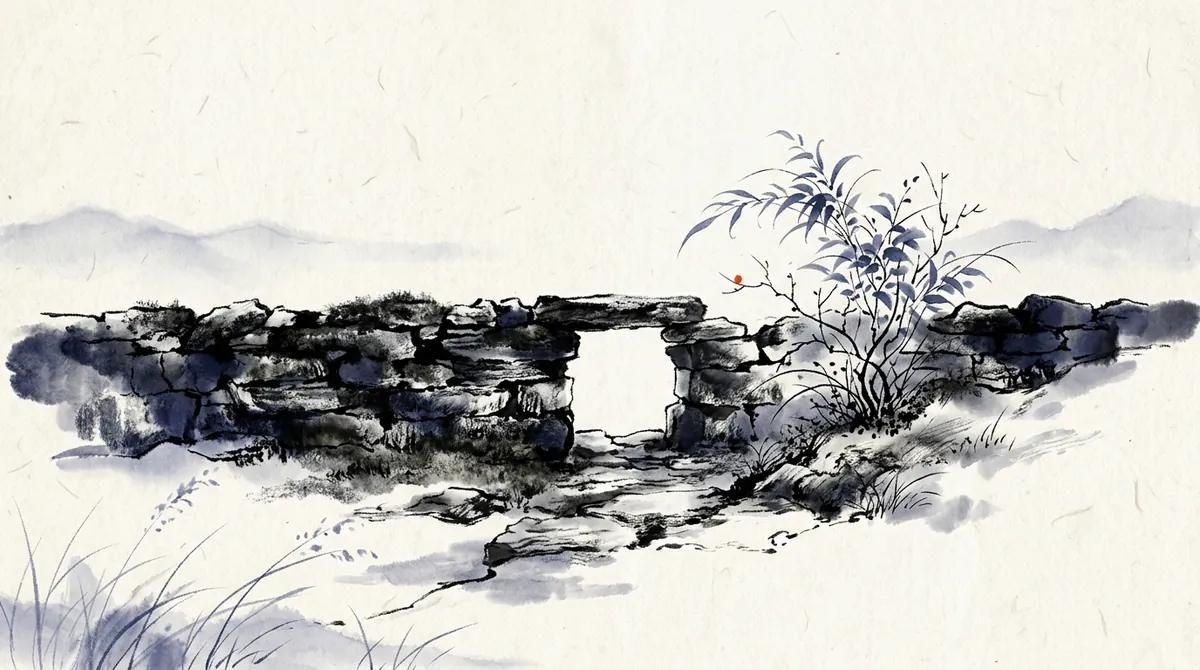 Ink-wash painting of an old stone wall with one stone missing, like a gap to fill
